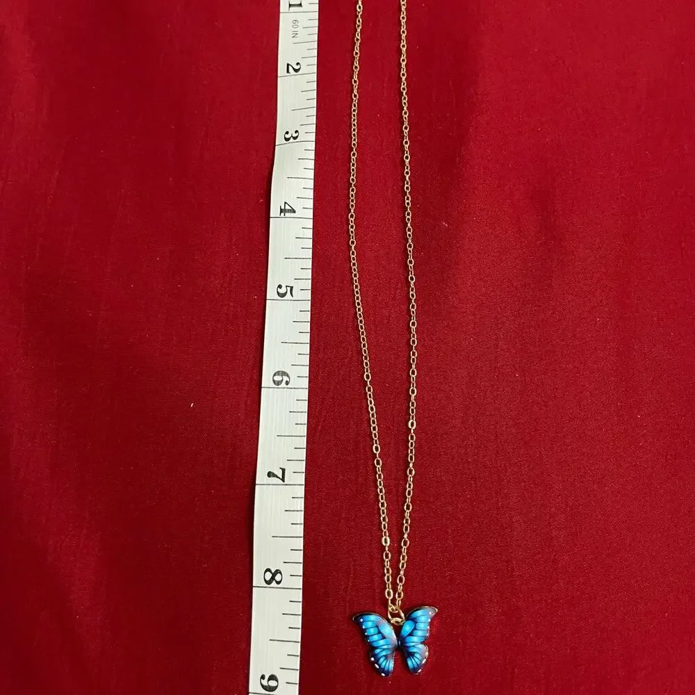 NWOT Girls Blue Multi-colored Butterfly Pendant Necklace with Chain